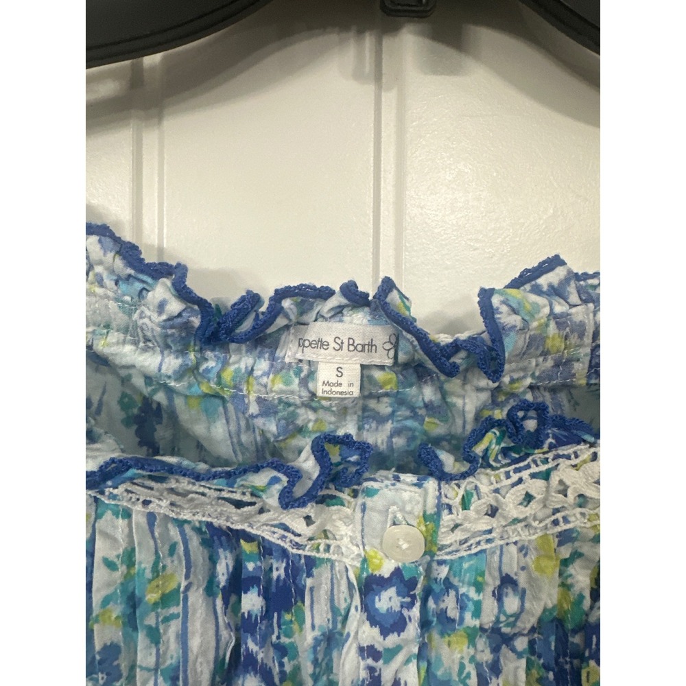 Poupette St Barth Blue Floral Off Shoulder Crop Top Button Front Lace Trim Small - Picture 5 of 8